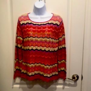 Sigurd Olsen Sport LS crochet sweater. Slight bell sleeve. Orange pink multi.